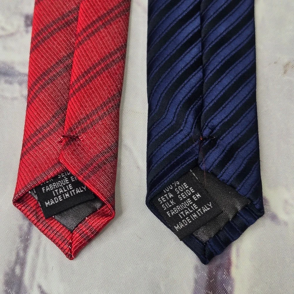Lot of 2 Hugo Boss Neckties Red Navy Blue Striped Silk Business Formal Set Mens